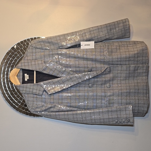 Jason Wu Houndstooth Plaid Clear Sequin Double Breasted Y2K Lined Blazer Jacket - Picture 4 of 16